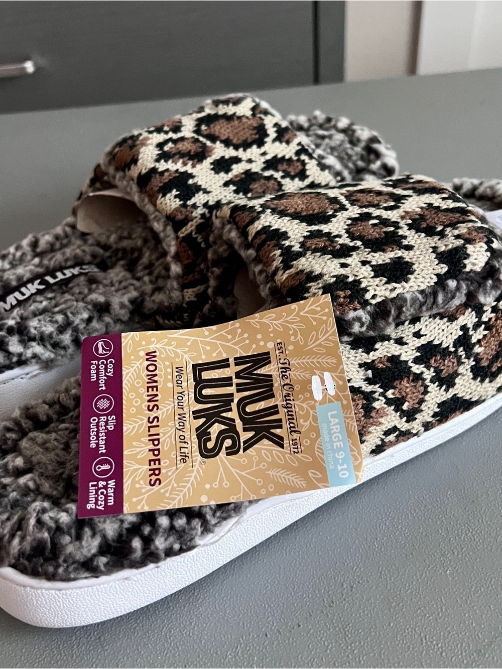 NWT MUK LUKS Faux Fur Leopard Print Open Toe Slide Slippers - Size L (9-10) - Picture 5 of 6